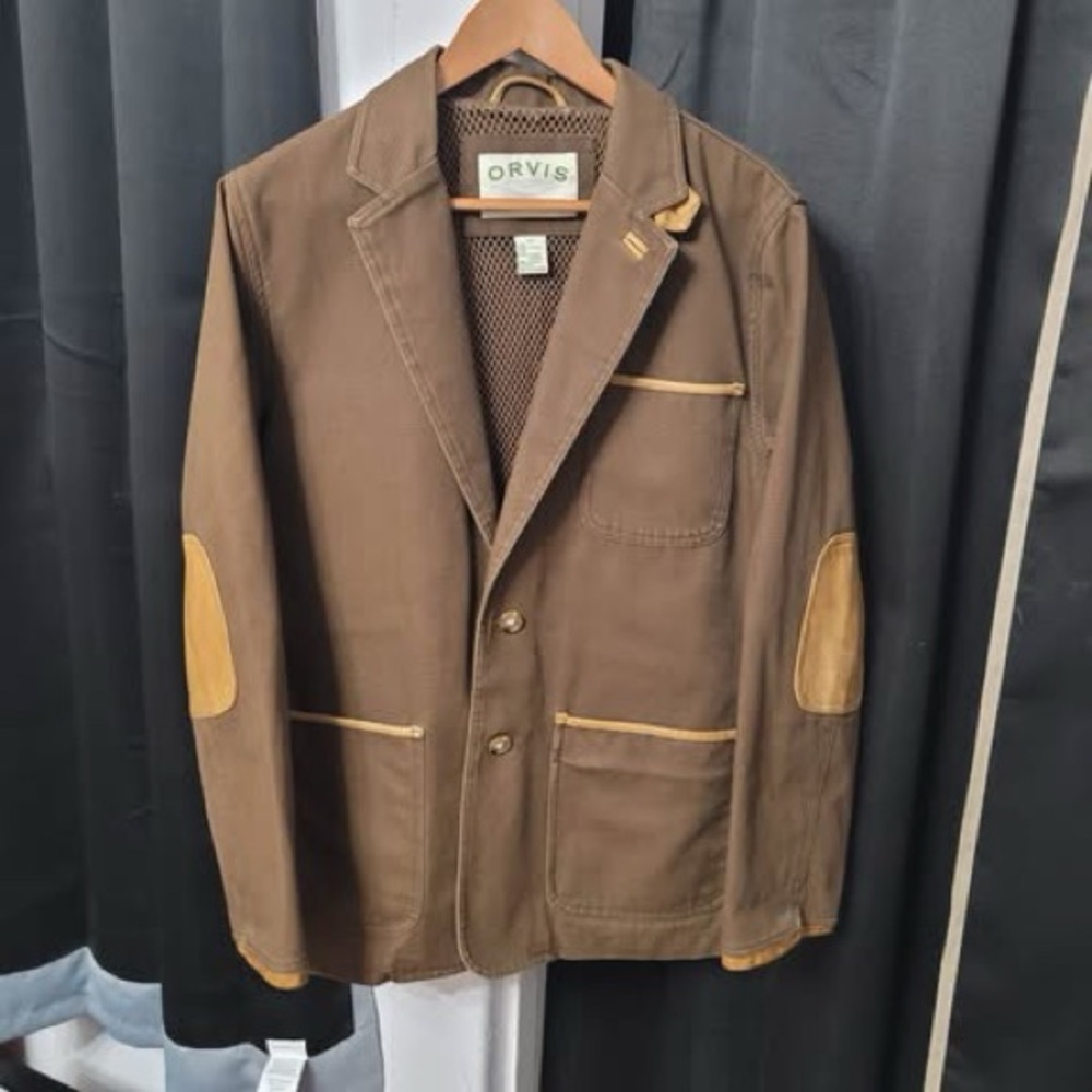 Orvis Brown Jacket with Tan Elbow Patches and Trim